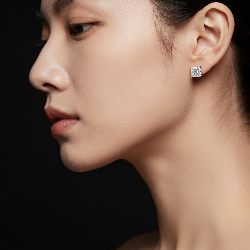 Model wearing princess classic basket set stud earrings