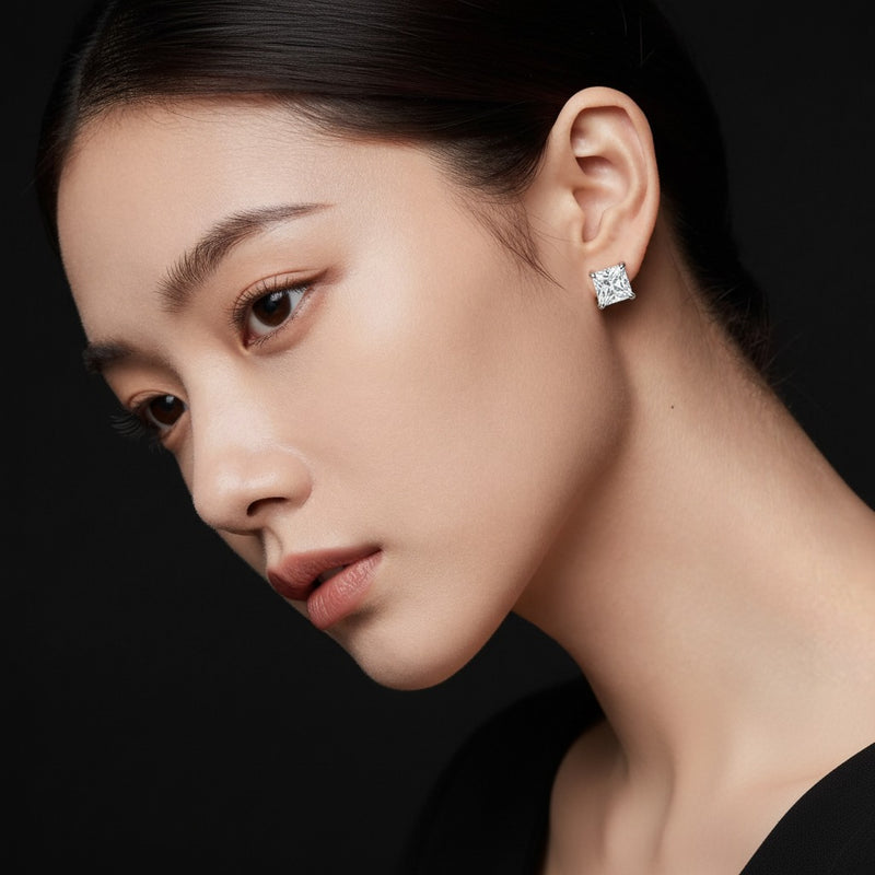 Model wearing princess classic basket set stud earrings