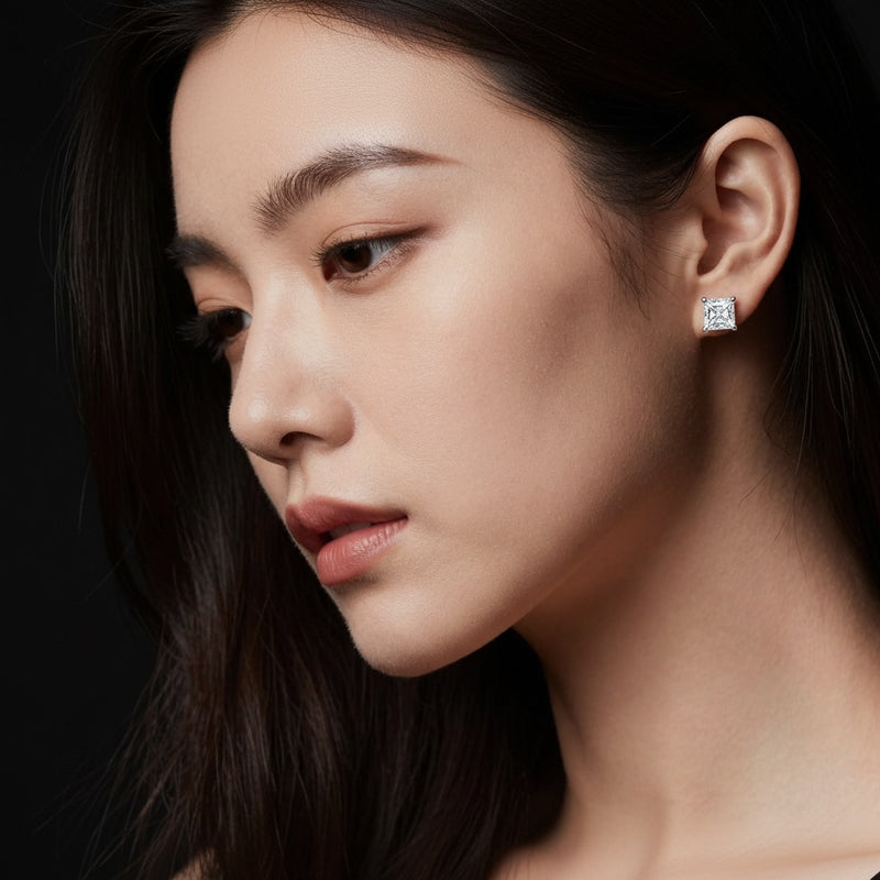 Model wearing princess classic basket set stud earrings