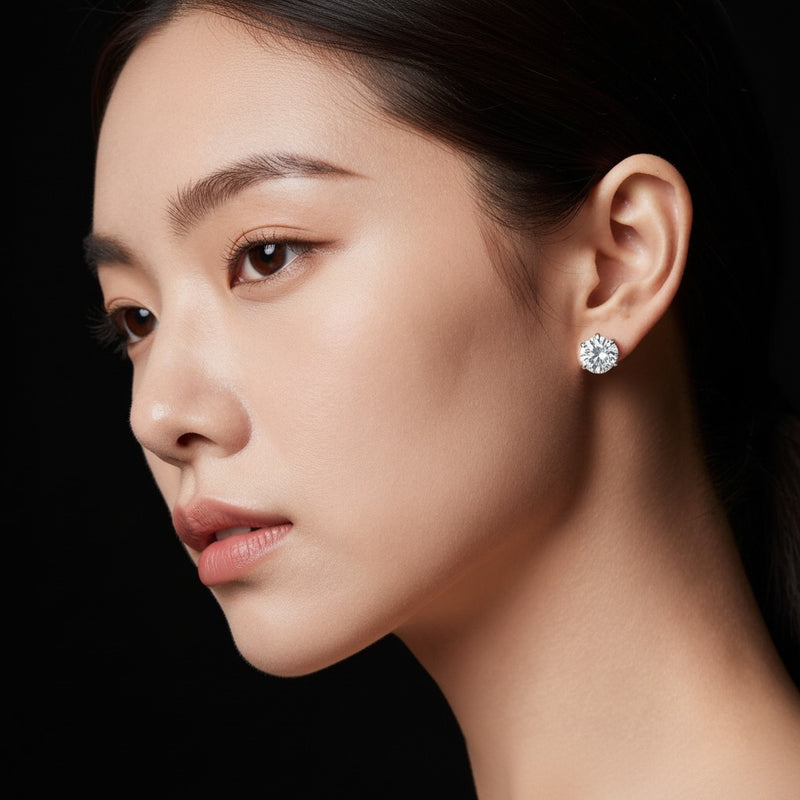 Model wearing round classic basket set stud earrings