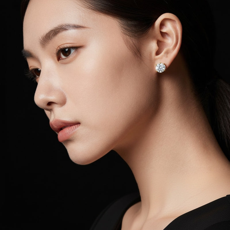 Model wearing round classic basket set stud earrings