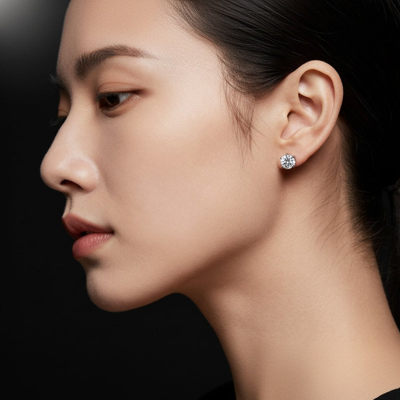 Model wearing round classic basket set stud earrings