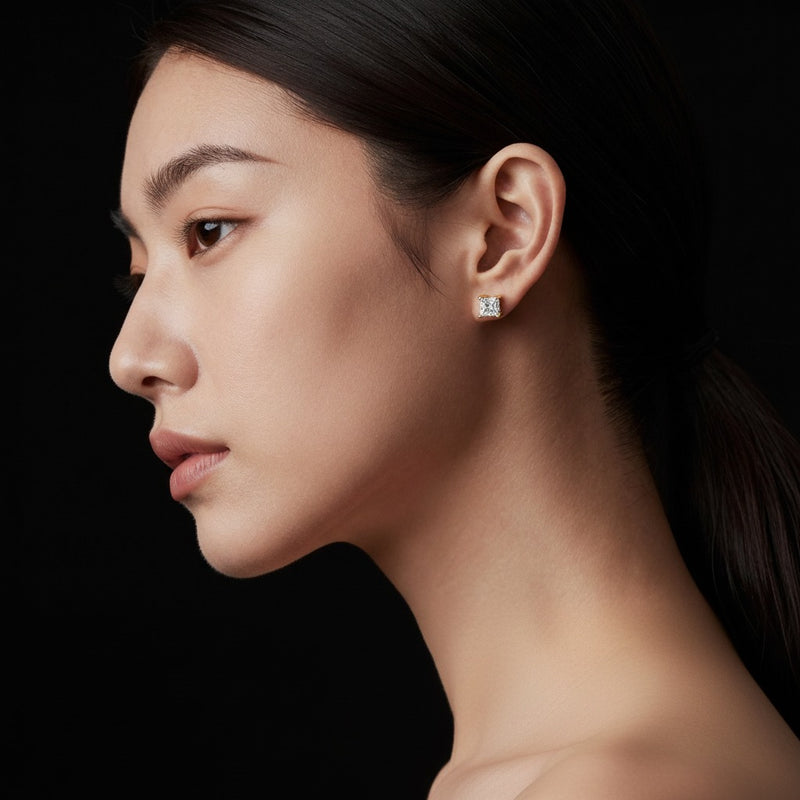 Model wearing princess hidden halo stud earrings