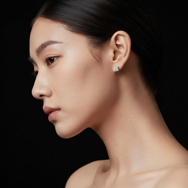 Model wearing princess hidden halo stud earrings