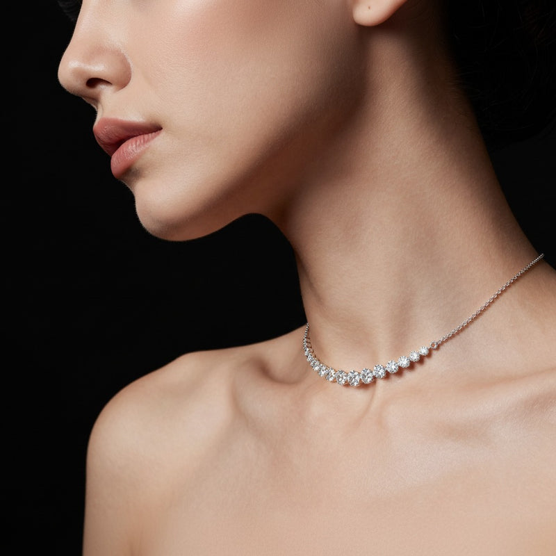 Model wearing round graduating half necklace