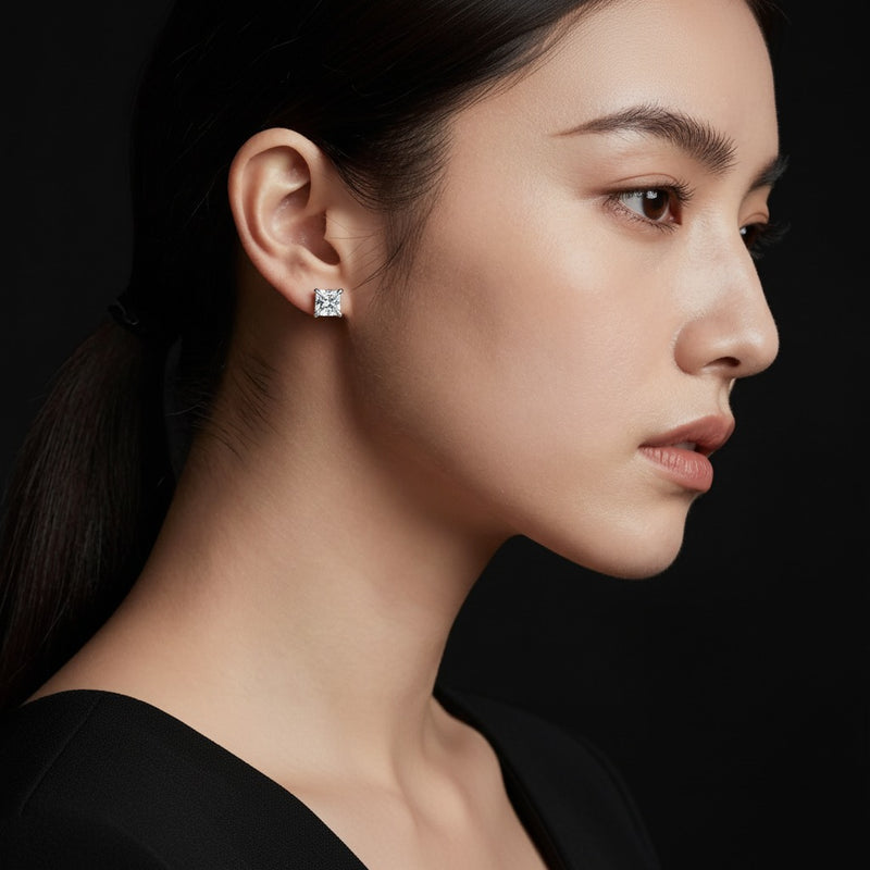 Model wearing princess hidden halo stud earrings