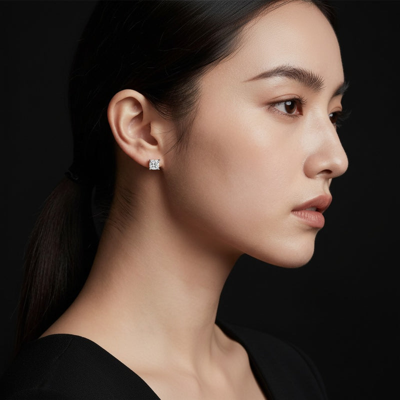 Model wearing princess hidden halo stud earrings