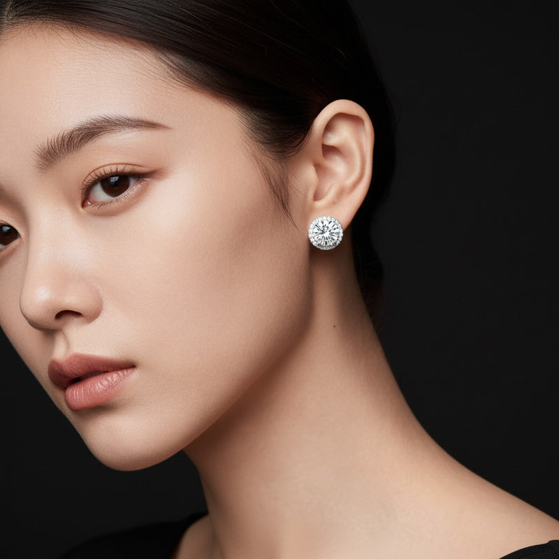 Model wearing round hidden halo stud earrings