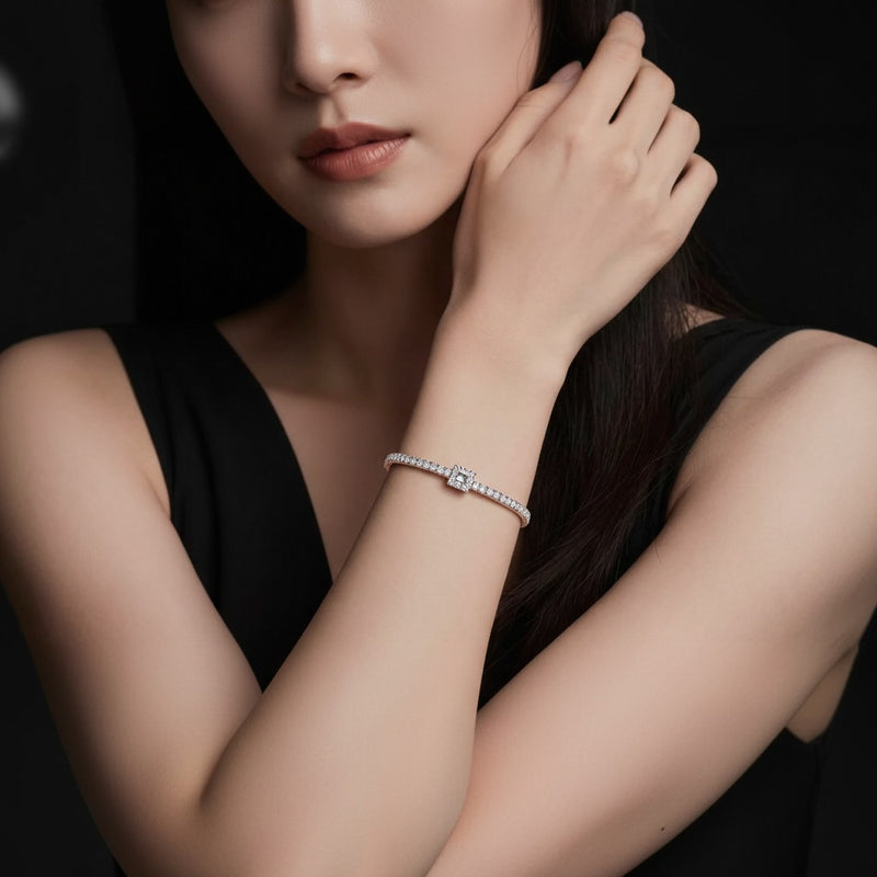 Model wearing round tennis bracelet