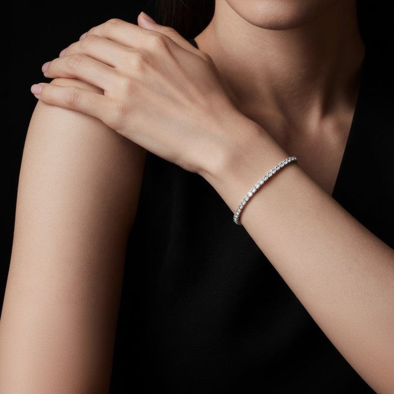 Model wearing round tennis bracelet