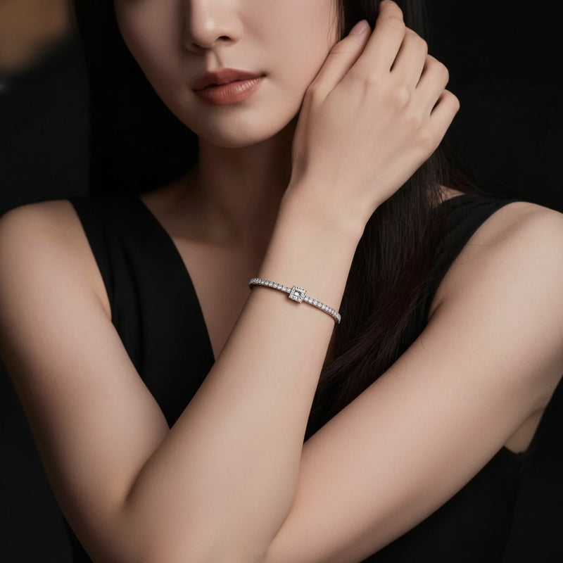 Model wearing round tennis bracelet
