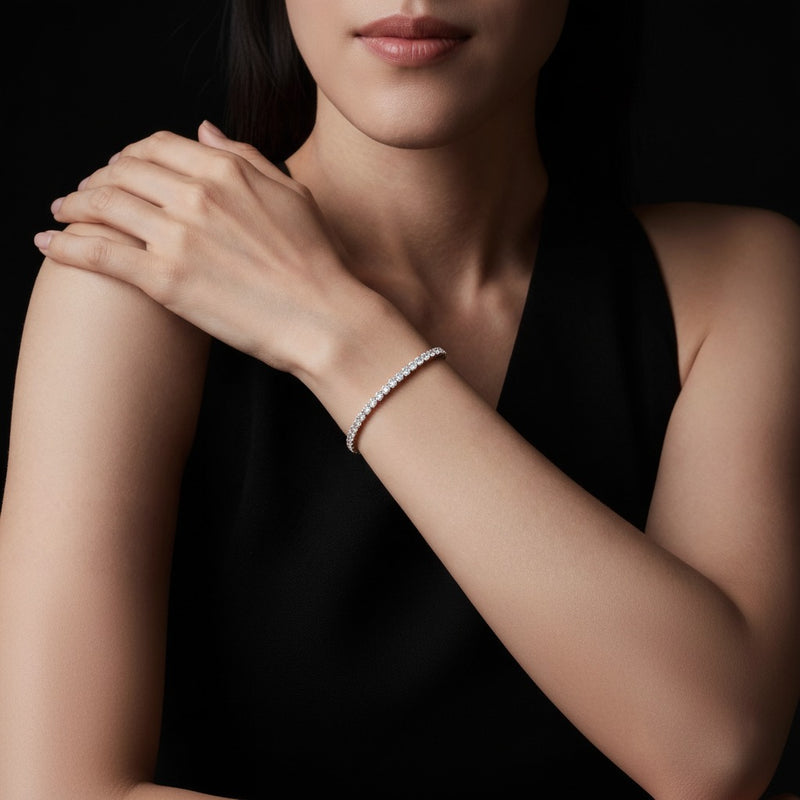 Model wearing round tennis bracelet