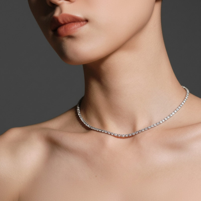Model wearing round petite line necklace