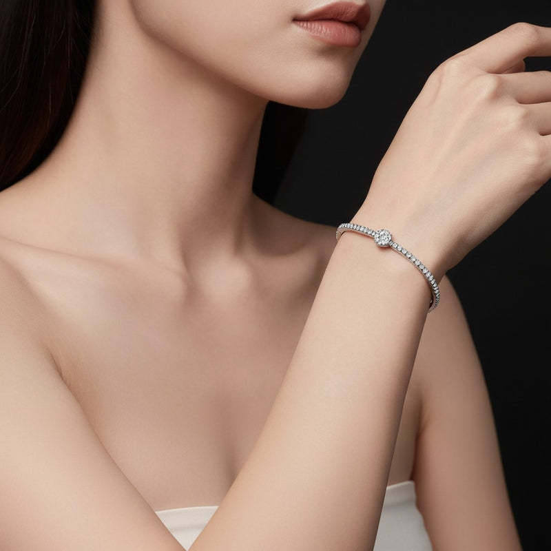 Model wearing round bracelet