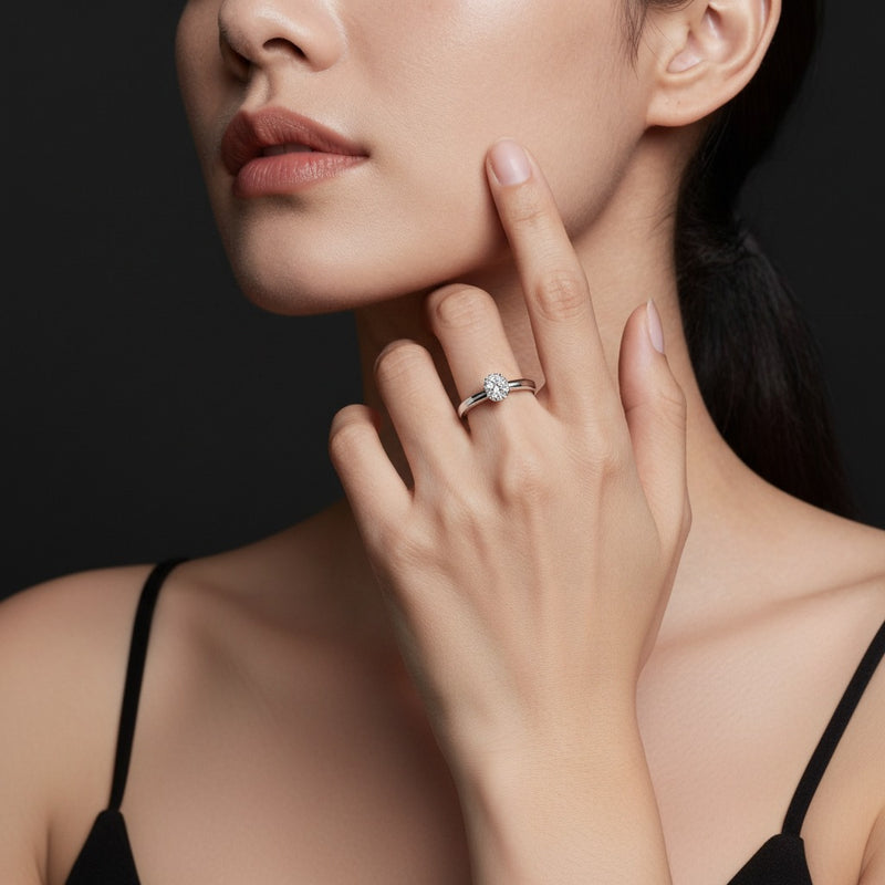 Model wearing round bypass shank engagement ring