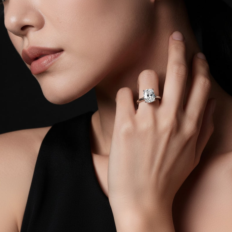 Model wearing cushion classic cathedral shank engagement ring