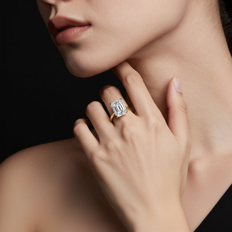 Model wearing radiant lab grown diamond f vvs hidden halo cathedral shank engagement ring