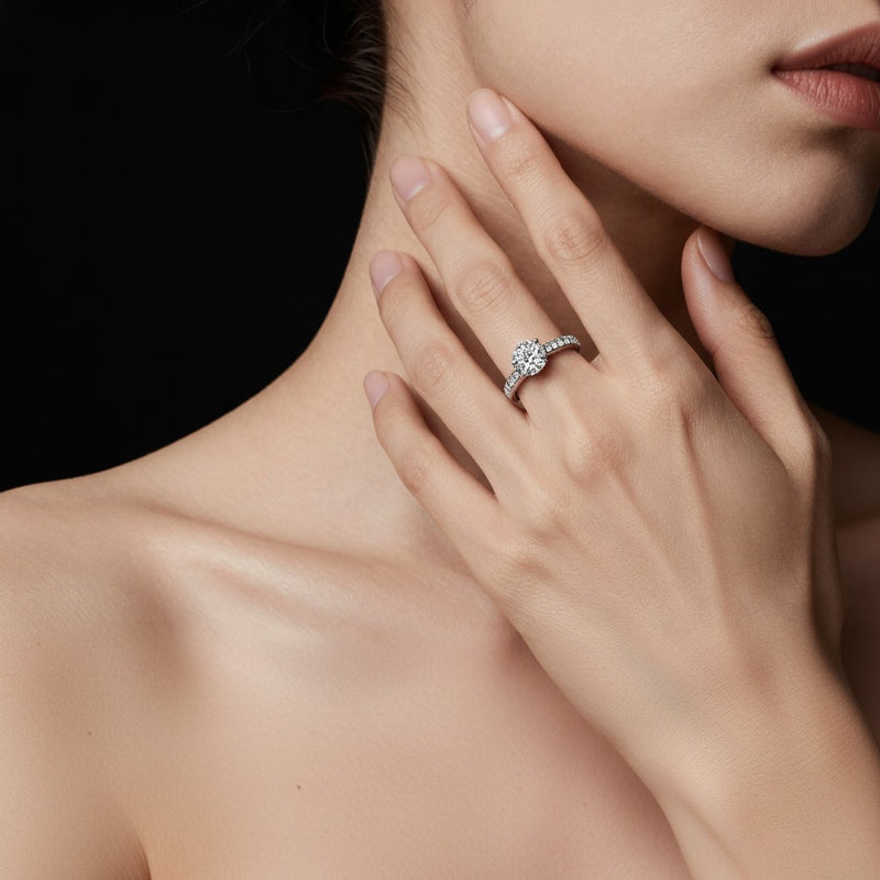 Model wearing round micro pave knife edge accent ring