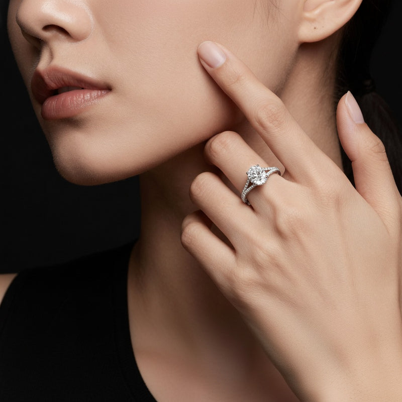 Model wearing pear split shank accented ring