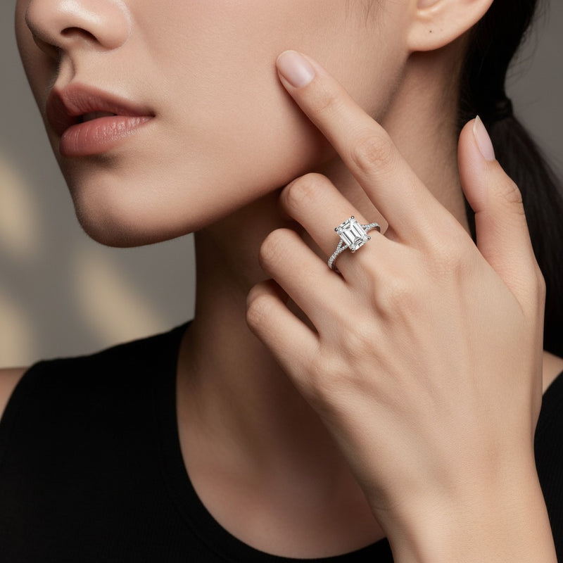 Model wearing cushion split shank accented enagagement ring