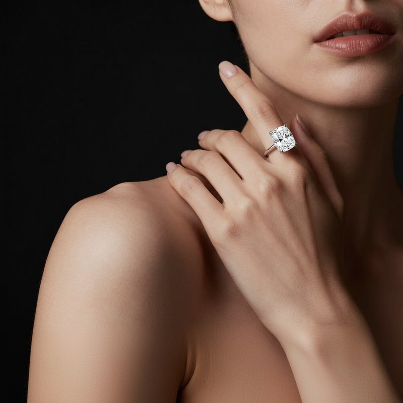 Model wearing cushion hidden halo petite shank ring
