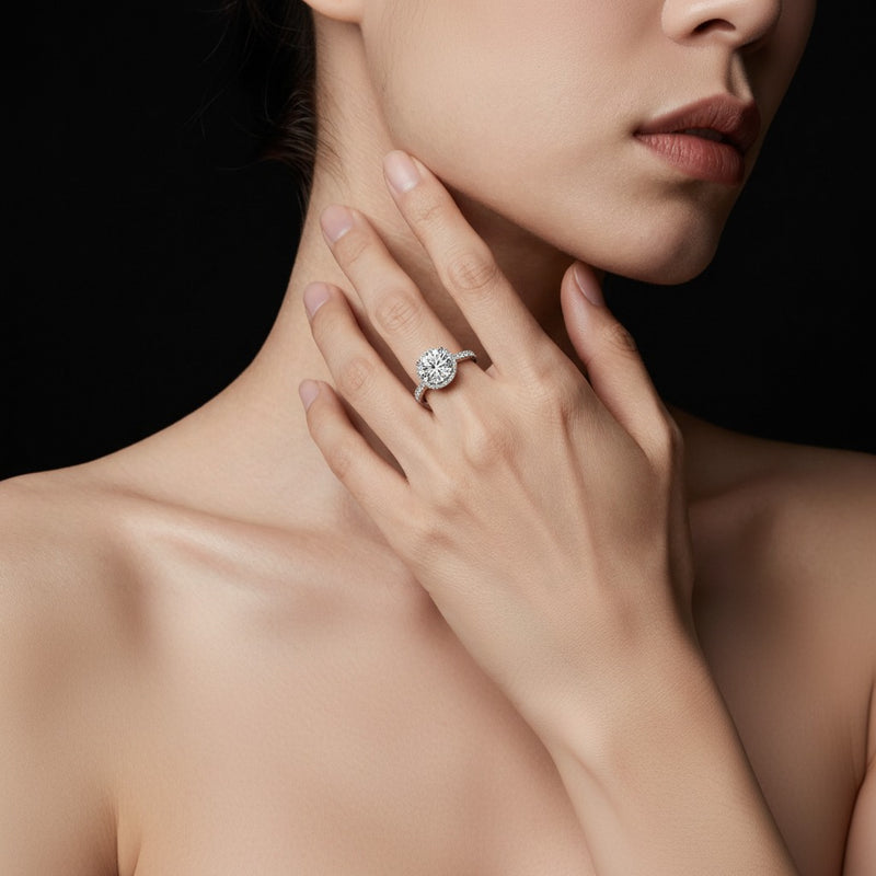Model wearing round bold statement accented ring