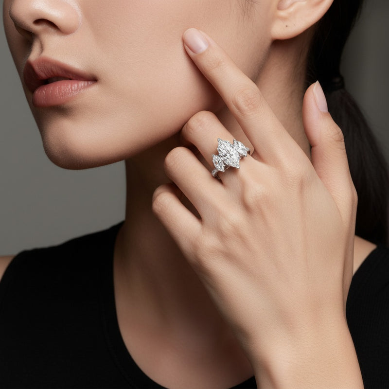 Model wearing marquise bold statement accented ring