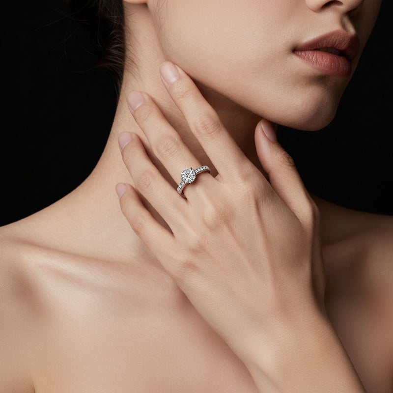 Model wearing radiant bold accented engagement ring