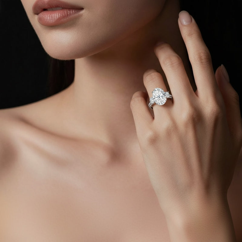 Model wearing oval bold statement accented ring