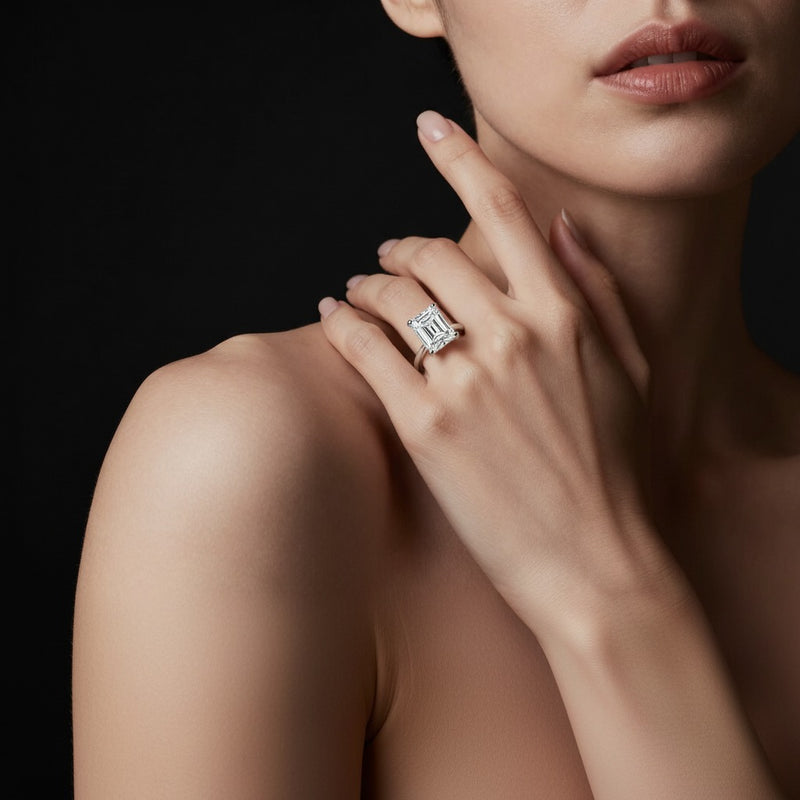 Model wearing radiant knife edge shank solitaire engagement ring