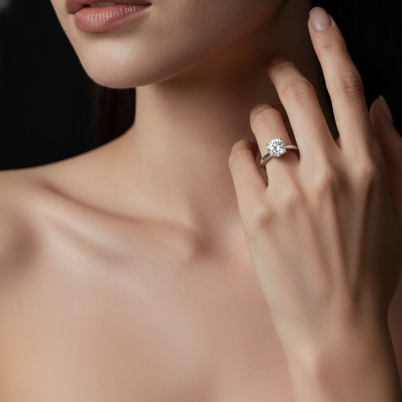 Model wearing round classic shank solitaire engagement ring