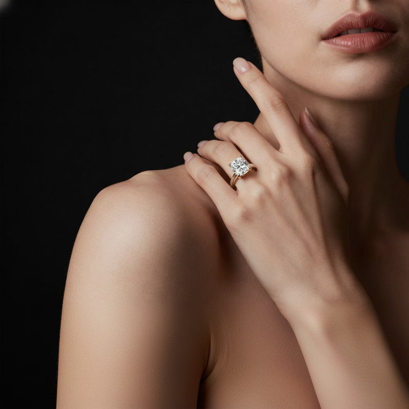 Model wearing cushion two tone cathedral shank engagement ring