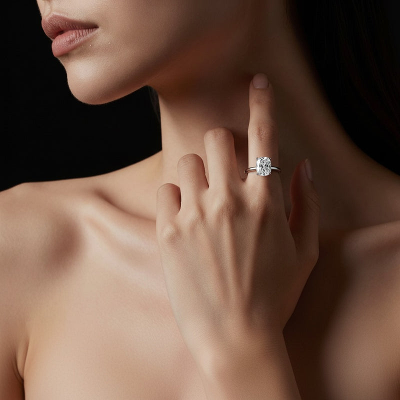 Model wearing cushion two tone cathedral shank engagement ring
