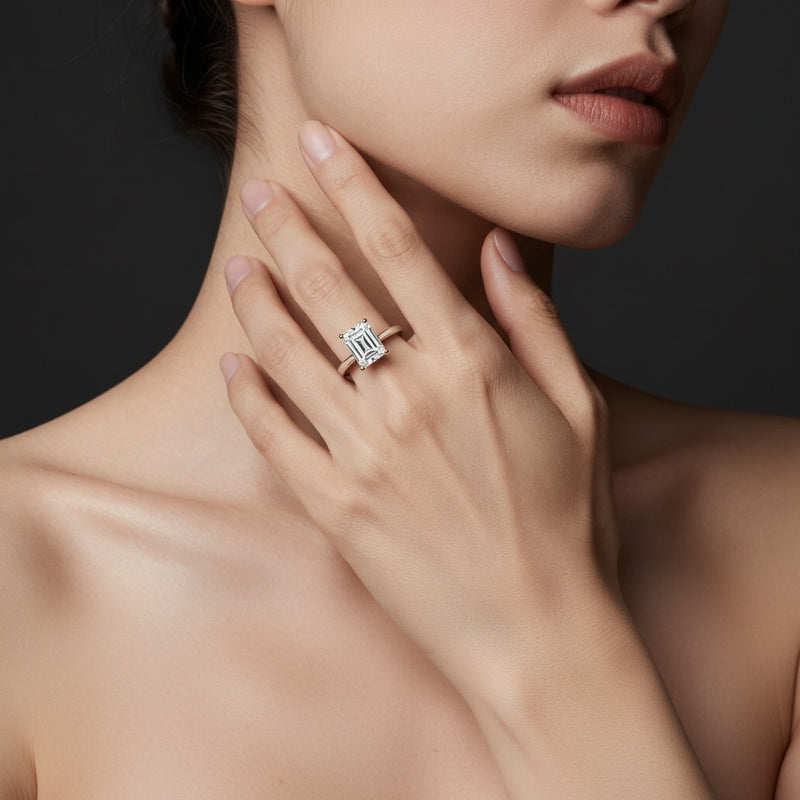 Model wearing radiant two tone cathedral shank engagement ring