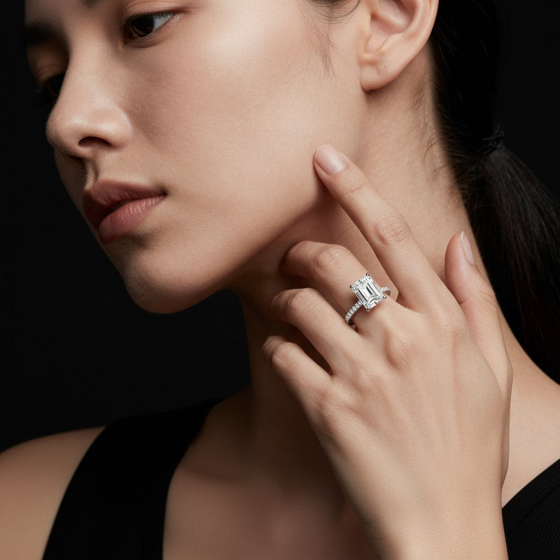 Model wearing radiant hidden halo accented ring
