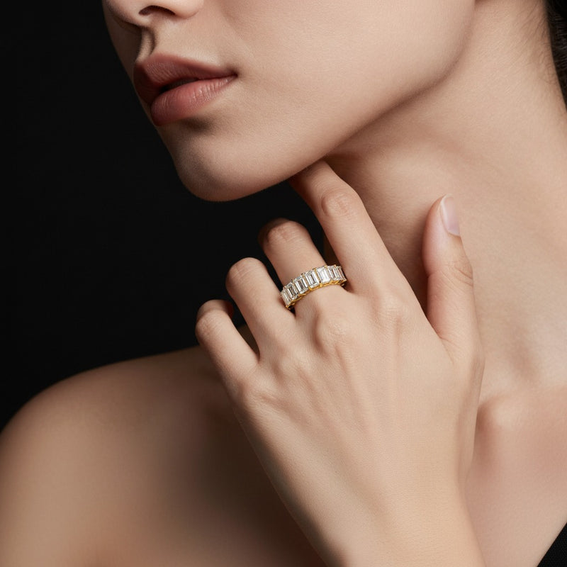 Model wearing emerald lab grown diamond f vvs seven stone band ring