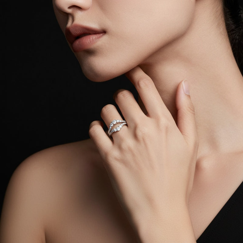 Model wearing round insert jacket ring