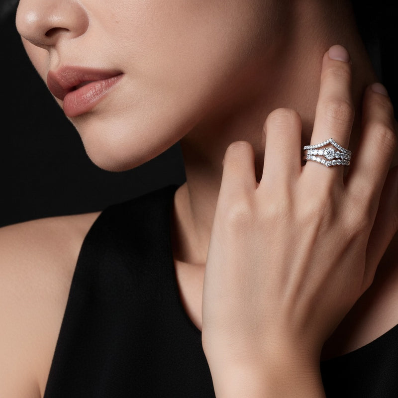 Model wearing round insert jacket ring