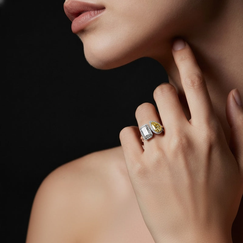 Model wearing radiant toi et moi fashiion ring