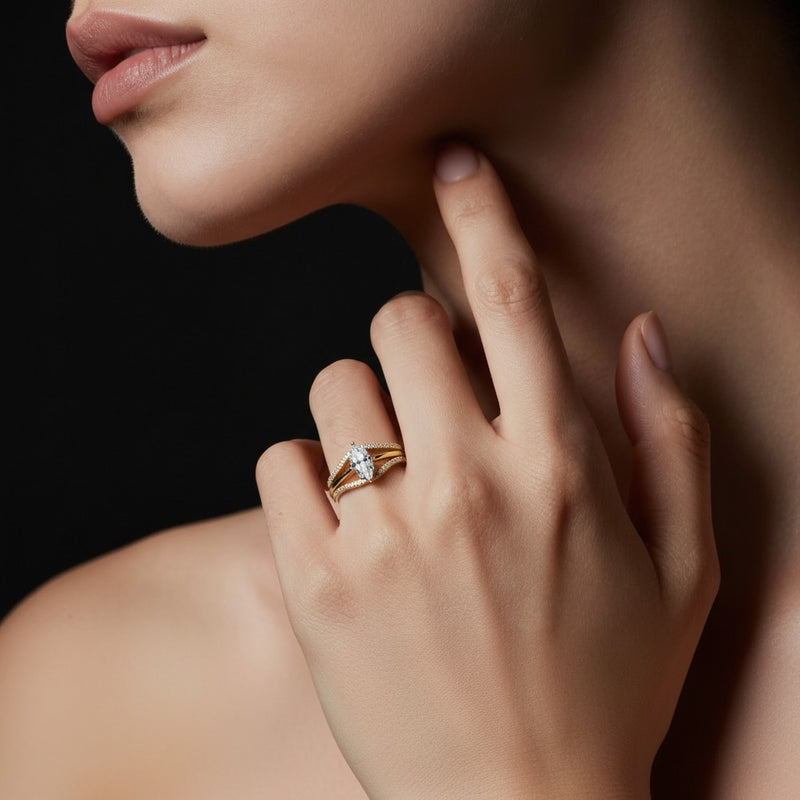 Model wearing marquise fashion ring