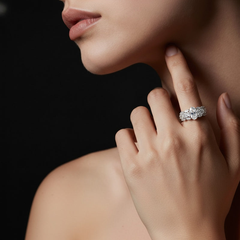 Model wearing oval multi stone band ring
