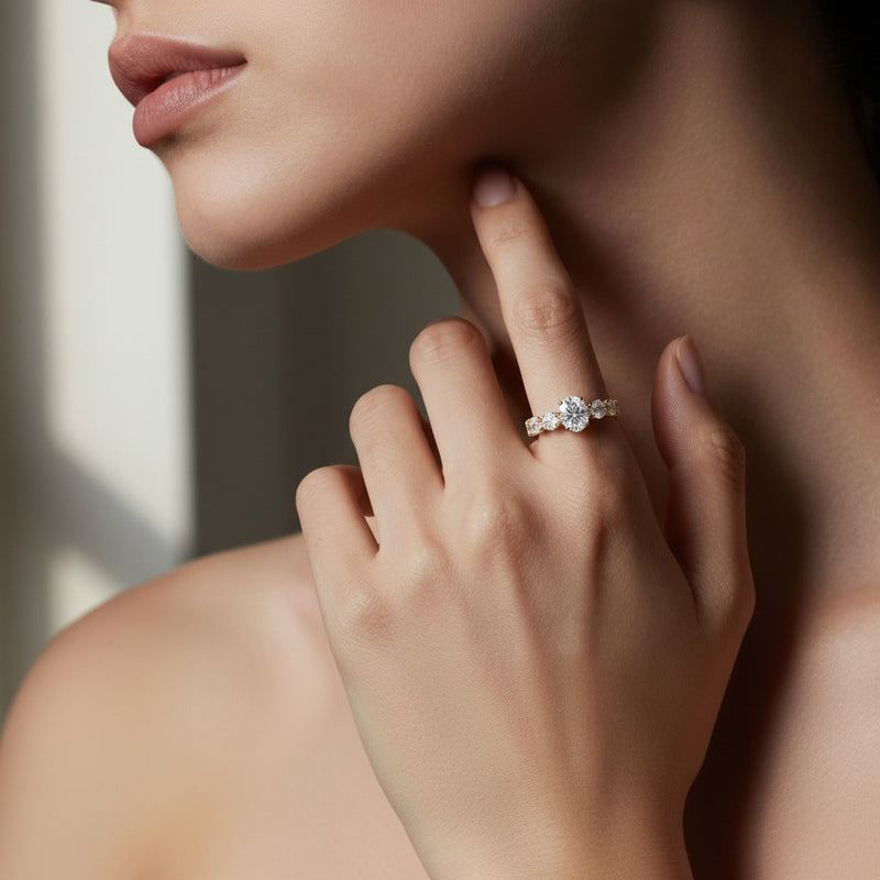 Model wearing round eternity band ring