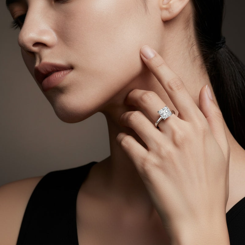 Model wearing round classic solitaire engagement ring