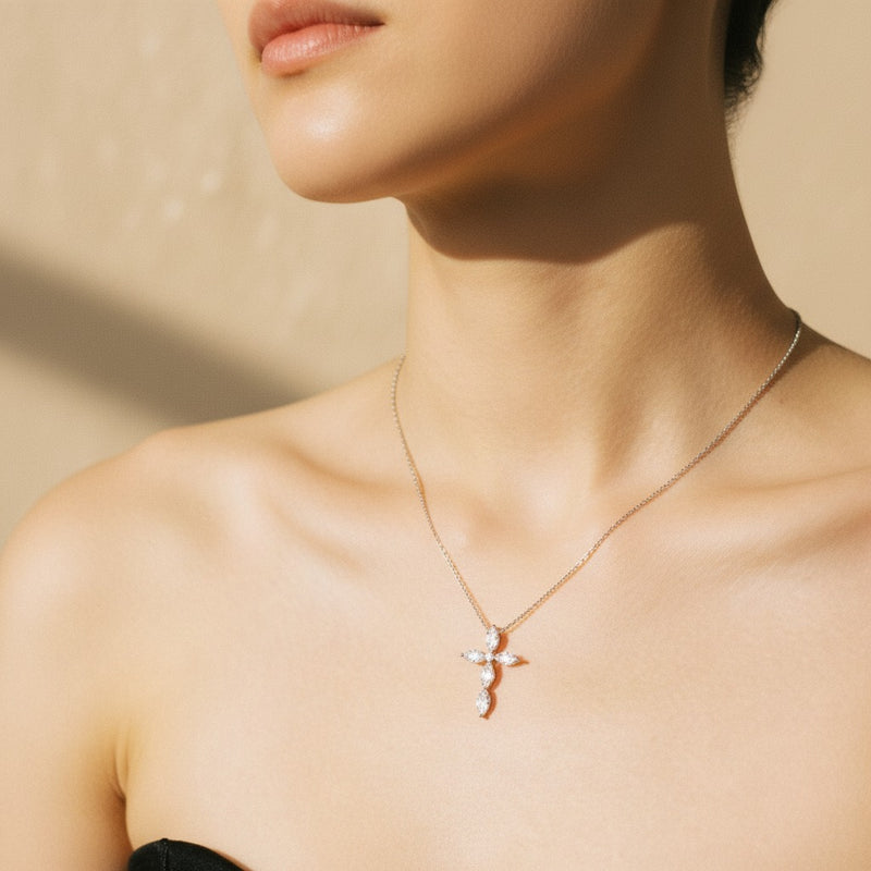 Model wearing marquise cross pendant