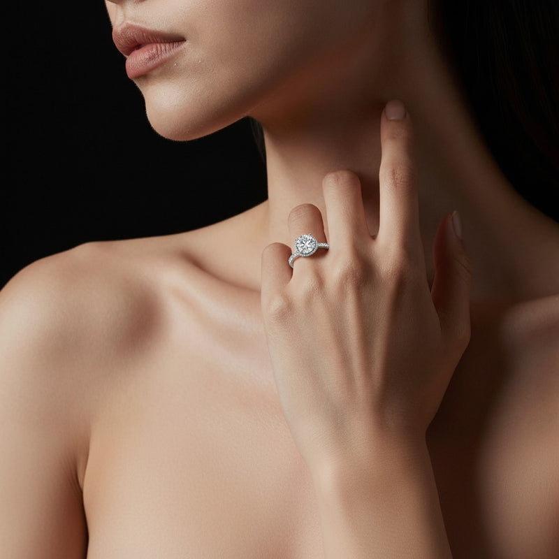 Model wearing round two tone accented fancy engagement ring