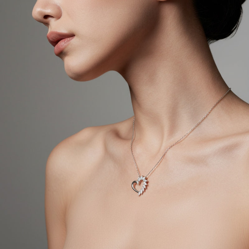Model wearing heart pendant
