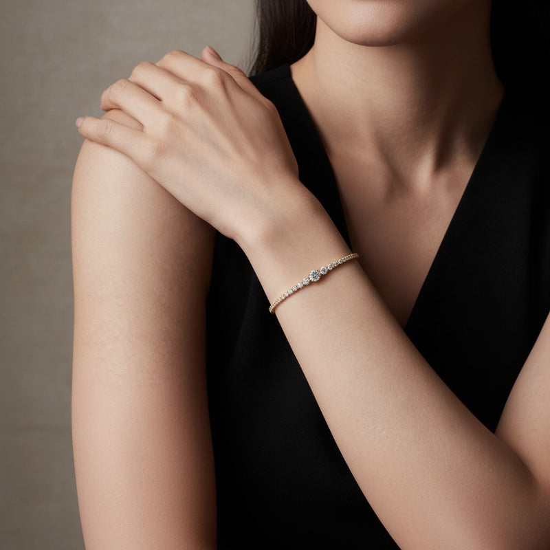 Model wearing round bolo bracelet