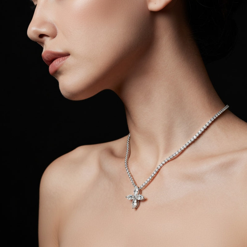 Model wearing marquise flower fashion pendant