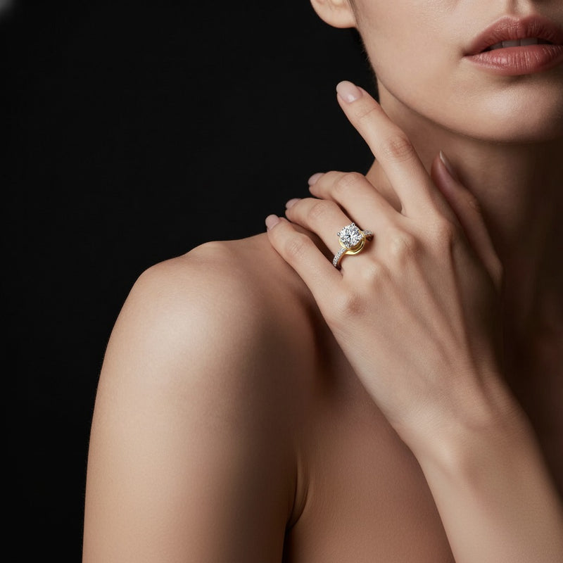 Model wearing round ring