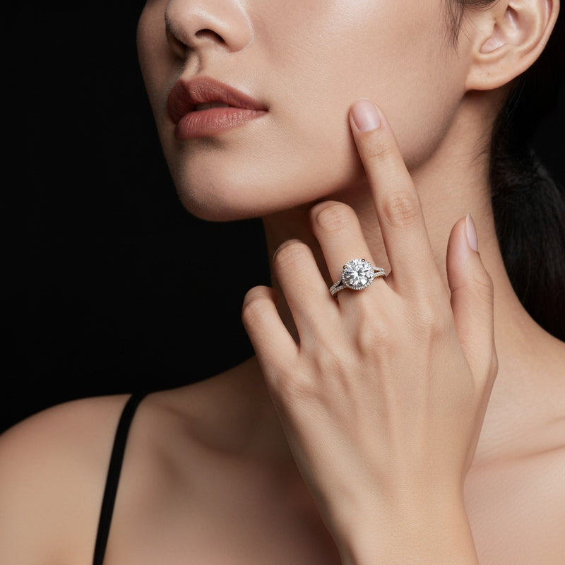 Model wearing round solitaire engagement ring